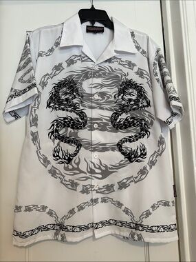 White Dragon Embroidered Graphic Short-Sleeve Button-Down Shirt